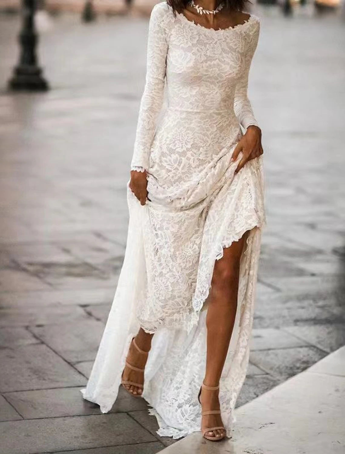 Wholesale A-Line Evening Gown Open Back Dress Formal Wedding Party Dress Sweep / Brush Train Long Sleeve Jewel Neck Lace with Appliques